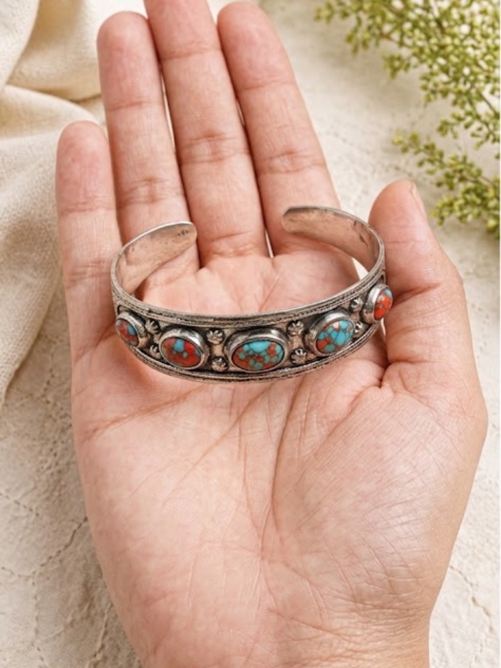 NWT Boho Southwestern Turquoise Coral Stainless Steel Cuff Bracelet - Picture 7 of 7